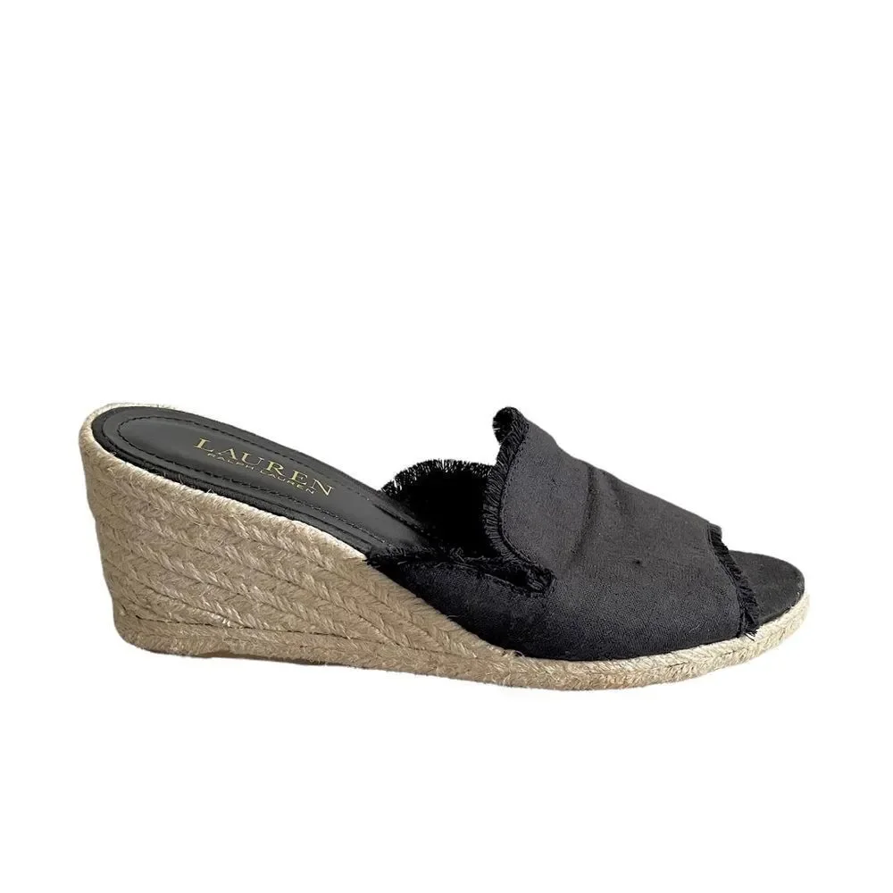 LAUREN RALPH LAUREN Black Linen Carlynda Wedge Espadrilles Sandals 8.5